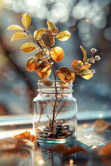 Autumnal Foliage in Glass Jar Showcasing Seasonal Beauty and Tranquil Atmosphere