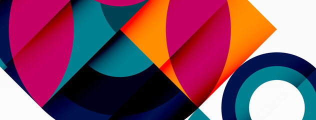 Fototapeta premium A vibrant geometric pattern featuring colorful circles and squares in magenta and electric blue on a white background, inspired by the symmetry and art of automotive wheel systems