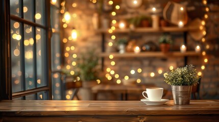 Blurry background of a coffee shop with a wooden table, a mug of coffee and a small plant in focus perfect for showcasing a product