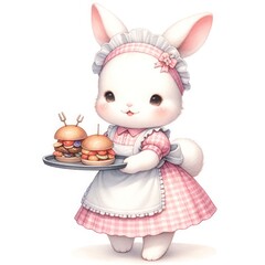 Rabbit wearing a maid outfit holding hamberger  food sergeant watercolor - obrazy, fototapety, plakaty