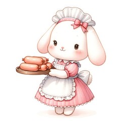 Rabbit wearing a maid outfit holding sausage food sergeant watercolor - obrazy, fototapety, plakaty