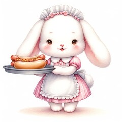 Rabbit wearing a maid outfit holding hotdog food sergeant watercolor