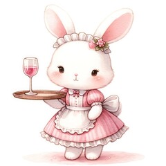 Rabbit wearing a maid outfit holding wine sergeant watercolor - obrazy, fototapety, plakaty
