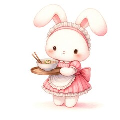 Rabbit wearing a maid outfit holding noodles food sergeant watercolor - obrazy, fototapety, plakaty