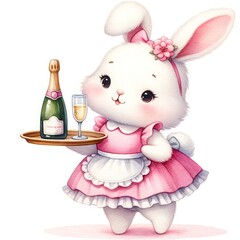 Rabbit wearing a maid outfit holding champagne sergeant watercolor - obrazy, fototapety, plakaty