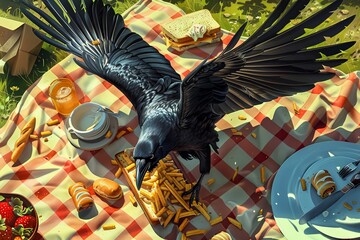 Obraz premium A black crow perched on a table covered in a variety of food items, seemingly trying to snatch something to eat. Generative AI