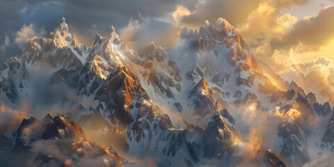 A mountain range is seen above clouds with the sun setting behind it.
 - obrazy, fototapety, plakaty