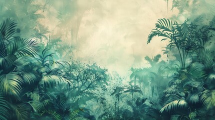 vintage watercolor painting of dense tropical forest with misty atmosphere