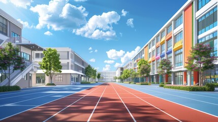 Anime style illustration of a high school running track on a sunny day