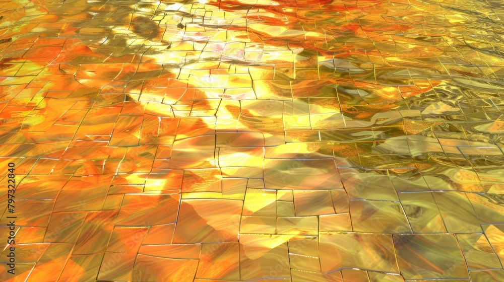 Poster a series of overlapping squares in shades of orange and yellow resembling the vibrant reflections of