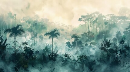 vintage watercolor painting of dense tropical forest with misty atmosphere