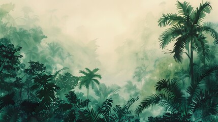 Fototapeta na wymiar vintage watercolor painting of dense tropical forest with misty atmosphere