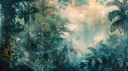 vintage watercolor painting of dense tropical forest with misty atmosphere