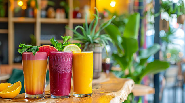 juice bar refreshment with fresh fruit and greenery on wooden table