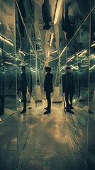 Person in a mirror maze symbolizing self-reflection and discovery. Generated AI.