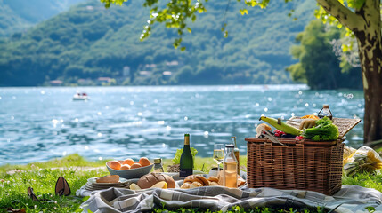 picnic by the lake with a wicker basket filled with food and drinks, surrounded by a green tree and