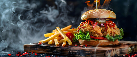 Chicken burger and fries on wooden board with smoke and fire, against black background. Food advertisement concept.