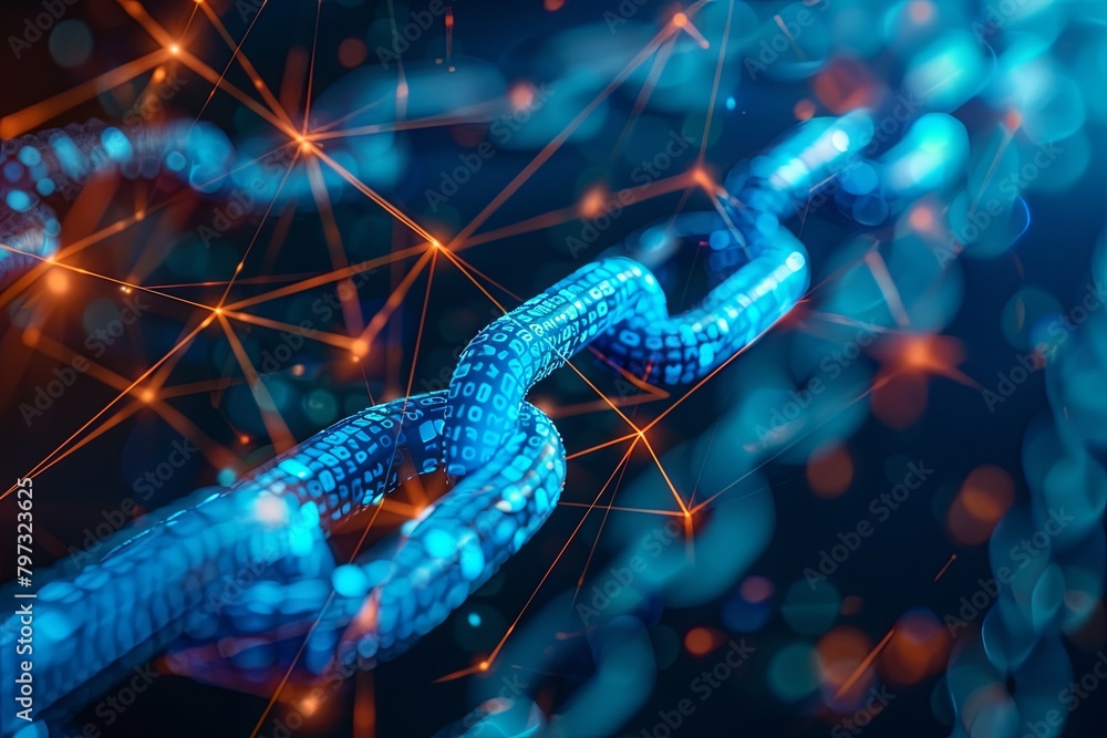 Poster a blue chain is shown connecting to a network, highlighting the concept of blockchain technology and
