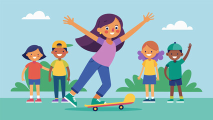 A young girl shows off her newly learned skateboarding tricks with her friends clapping and cheering on the sidelines.