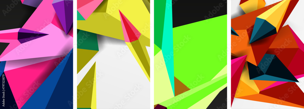 Poster A colorful row of four triangles, each displaying different tints and shades, showcasing symmetry and creative arts in a geometric pattern