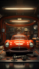 Fototapeta premium An old classic car in a garage with some tools.