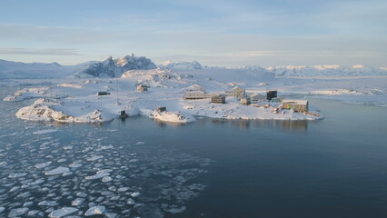 Antarctica Coast Vernadsky Station Aerial View. Arctic Ocean Brash Ice Float at Pole Base, Majestic Nature Panorama Global Warming Concept Top Drone Flight
