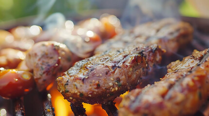 summer bbq cookout with a variety of meats and vegetables, including grilled chicken, skewered on s