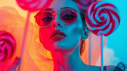 Avantgarde woman veiling sight with radiant lollipops, set on a singular color melt background