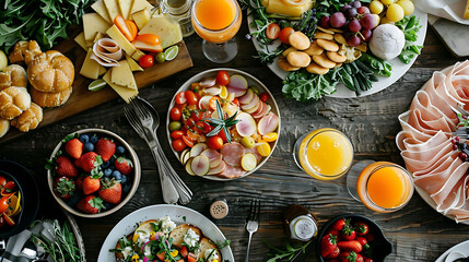 sunday brunch buffet spread featuring fresh strawberries, orange juice, and a variety of plates and