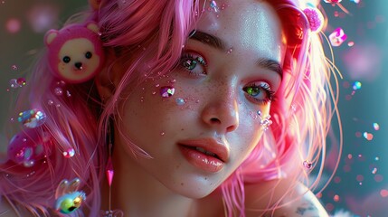 Ethereal female visage, neon pink hair, lively makeup, plush toys nestled in her hair like gems