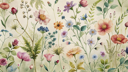 Vintage botanical style wildflower watercolor background