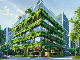 Eco-friendly building in the modern city. Sustainable glass office building with tree for reducing carbon dioxide. Office building with green environment. Corporate building reduce CO2. 