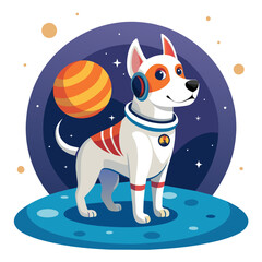 Proud pooch standing on the surface of the moon, clad in a spacesuit adorned with space agency patches