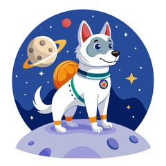 Proud pooch standing on the surface of the moon, clad in a spacesuit adorned with space agency patches