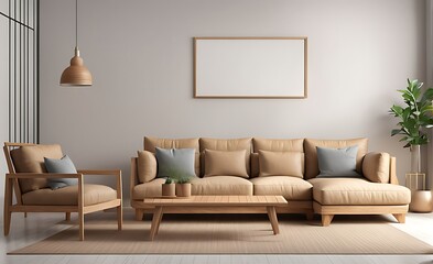 Fototapeta premium Mock up living room with wooden sofa 3d illustration rendering 