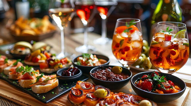 tapas night at a restaurant featuring a variety of bowls and glasses, including a black bowl, a cle