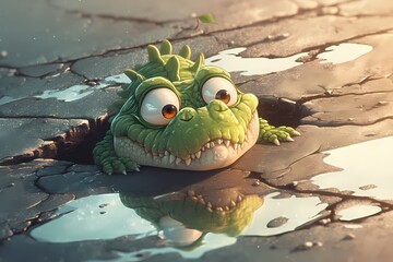 cute and happy cartoon crocodile on the street
