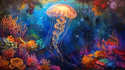 Fototapeta na wymiar Bring to life a traditional oil painting capturing an ethereal underwater scene Envision metallic robotic jellyfish floating gracefully amidst vibrant coral reefs, surrounded by swirling currents and