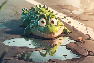 cute and happy cartoon crocodile on the street