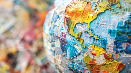 Capture a close-up shot of a globe morphed with breaking news headlines in vibrant acrylic colors, creating an abstract representation of current events Implement unexpected camera angles to showcase