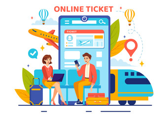 Online Travel Ticket Vector Illustration Through transportation and Journey Provider App for Booking in Flat Cartoon Background Design