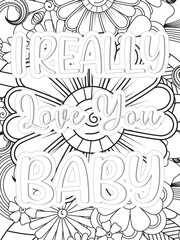 Love Quotes quotes Flower Coloring Page Beautiful black and white illustration for adult coloring book