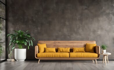 Mock up living room with wooden sofa 3d illustration rendering
