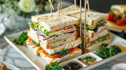 afternoon tea sandwiches of various sizes and colors are displayed on a white plate, accompanied by
