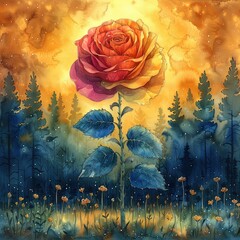 painting of a rose in a field with a sun in the background