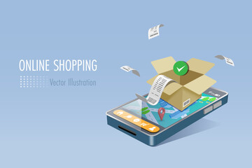 Online shopping and delivery with guarantee product and service. Open shipping box and bill receipt on smartphone map. Secure money and consumer right protection. 3D vector.
