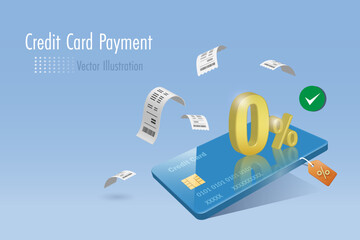 Credit card payment with 0% interest rate for online shopping with secure money protection. Money spending, online banking, financial concept. 3D vector.