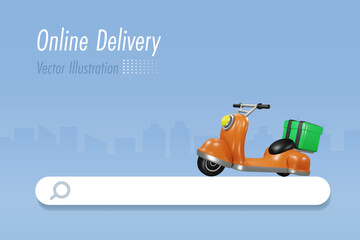 Online shopping, food delivery service. Scooter with shipping box driving on searching bar. Express home delivery. 3D vector.