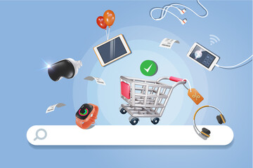 Online shopping IT electronic devices. Shopping trolley cart with IT digital equipements. 3D vector.