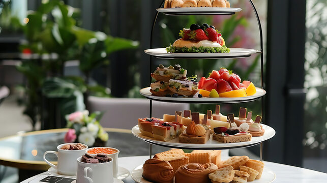 afternoon tea spread on a transparent background featuring a variety of sandwiches, cakes, and cupc